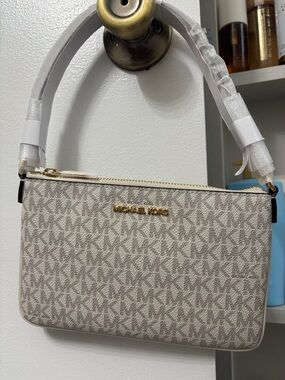 Michael Kors Signature MK Small Shoulder Bag in Cream and Beige